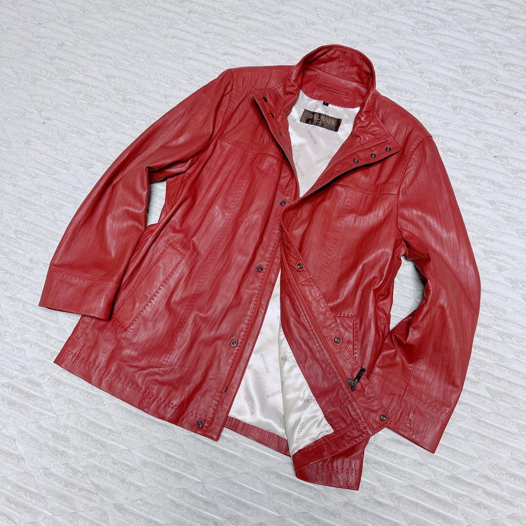 【美品】BALMAIN レザーコート Lサイズ レッド