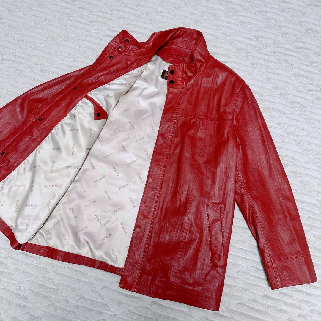 【美品】BALMAIN レザーコート Lサイズ レッド