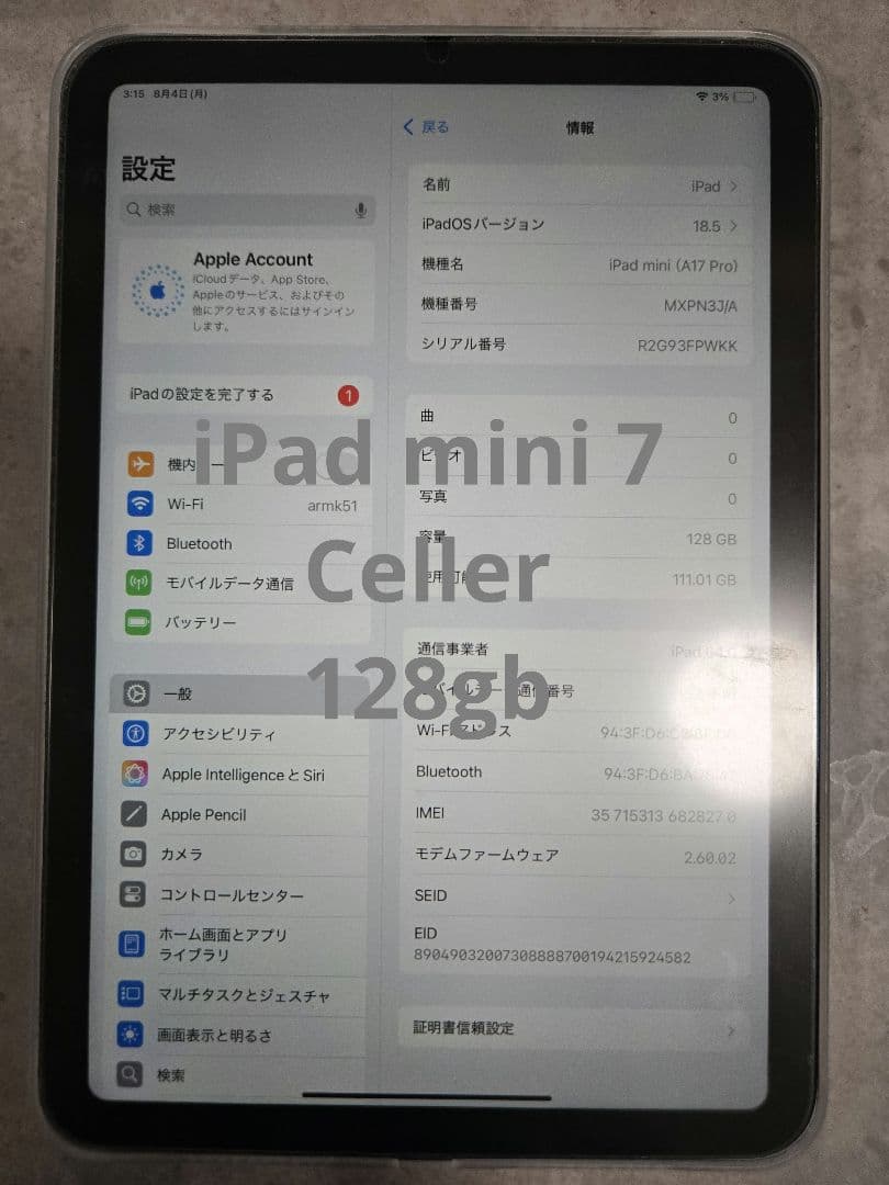 iPad mini (第7世代) セルラー128GB スペースグレーシムフリー