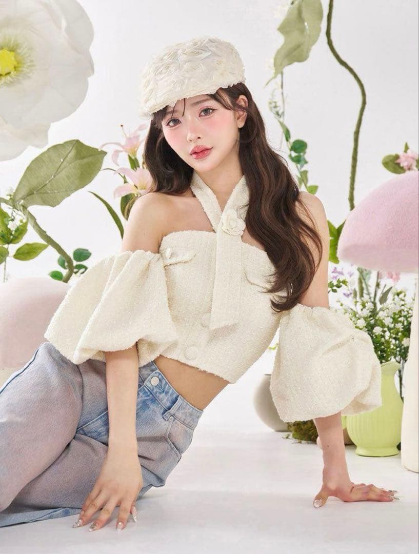 darich ホルターネックオフショルツイードトップス 白