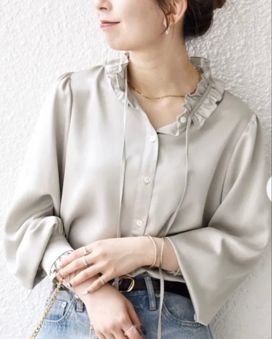 【つな】SHIPSany サテン フリル カラー リボン シャツ ブラウス