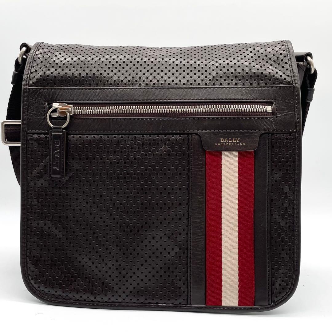【美品】BALLY メッセンジャーバッグ パンチング レザー ブラウン トレスポ