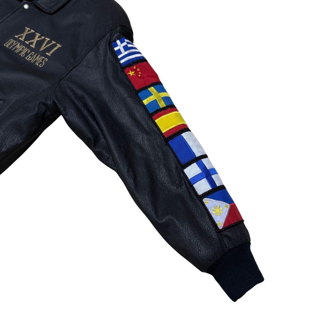 稀少90s American Toons レザーブルゾン M 黒ワッペン A-2