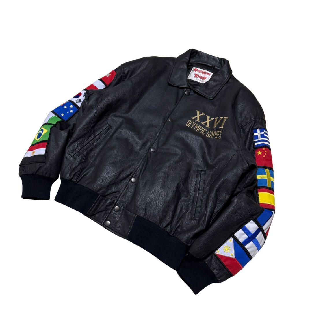 稀少90s American Toons レザーブルゾン M 黒ワッペン A-2