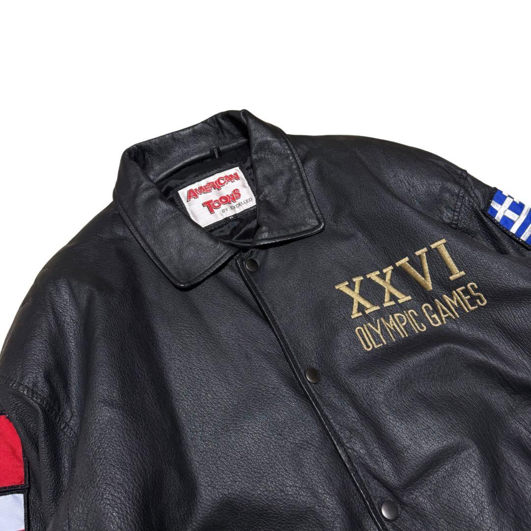 稀少90s American Toons レザーブルゾン M 黒ワッペン A-2