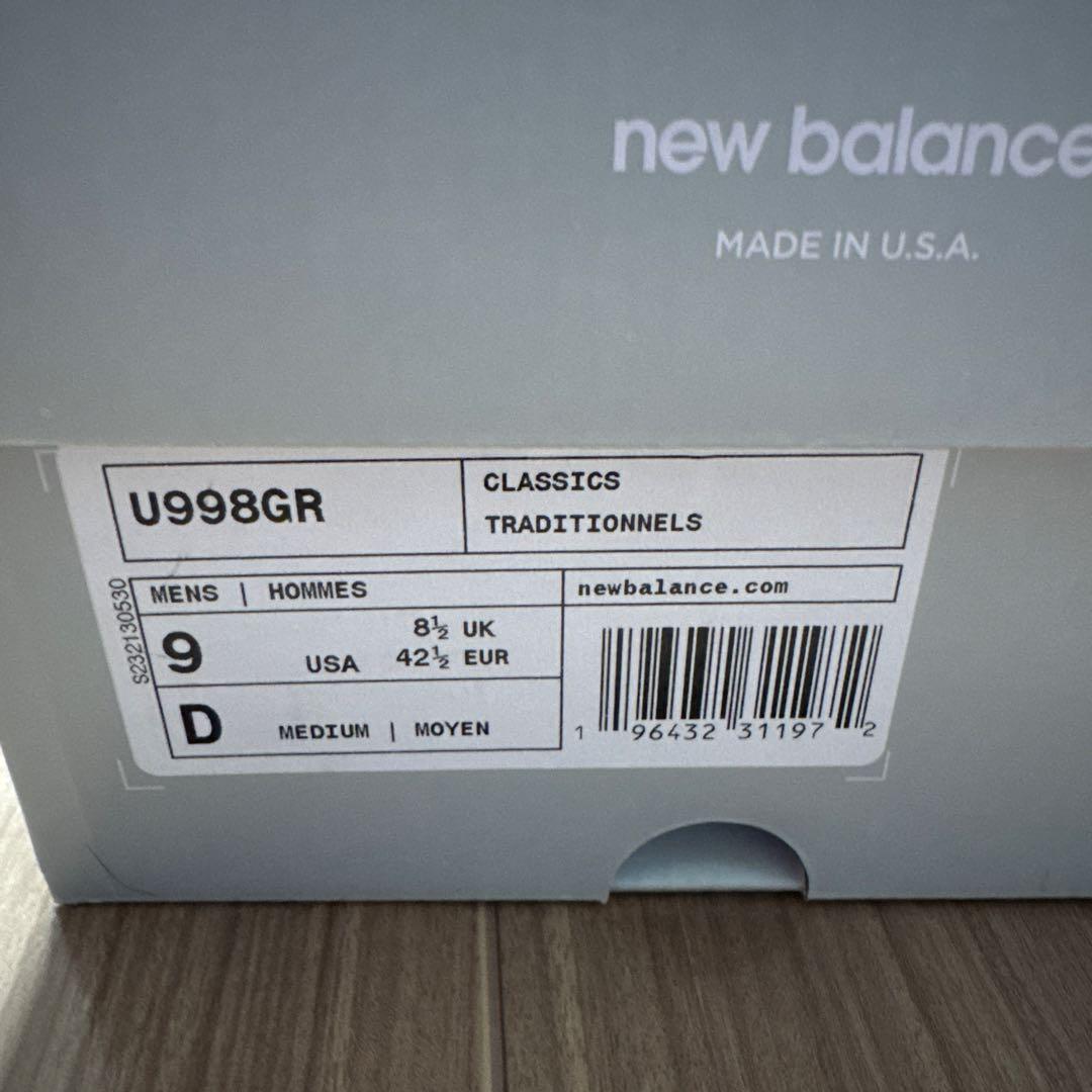 新品タグ付きNew Balance 998 27センチ、スニーカー グレー