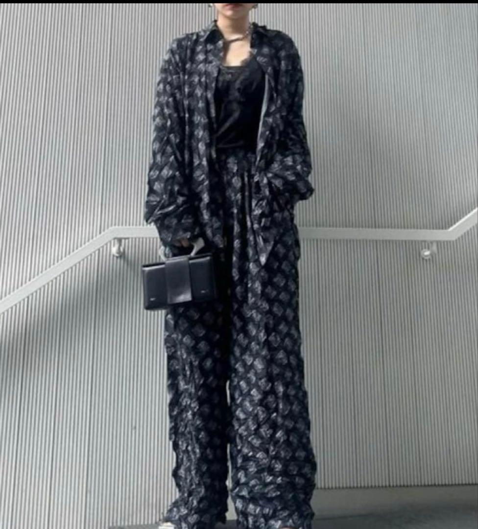 プランクプロジェクト　モノグラムプリントシャツ　ブラック シワ加工