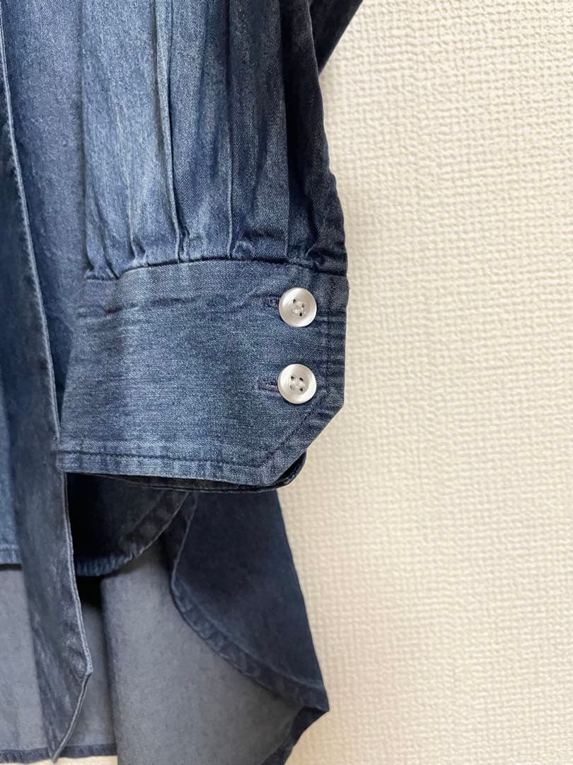 【新品】モニーレ ボウタイ リボン デニムシャツ 濃いブルー ダンガリーシャツ