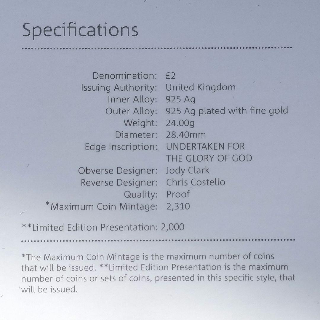イギリス　2ポンド銀貨（ピエフォー）メイフラワー号出航400周年記念　2020年