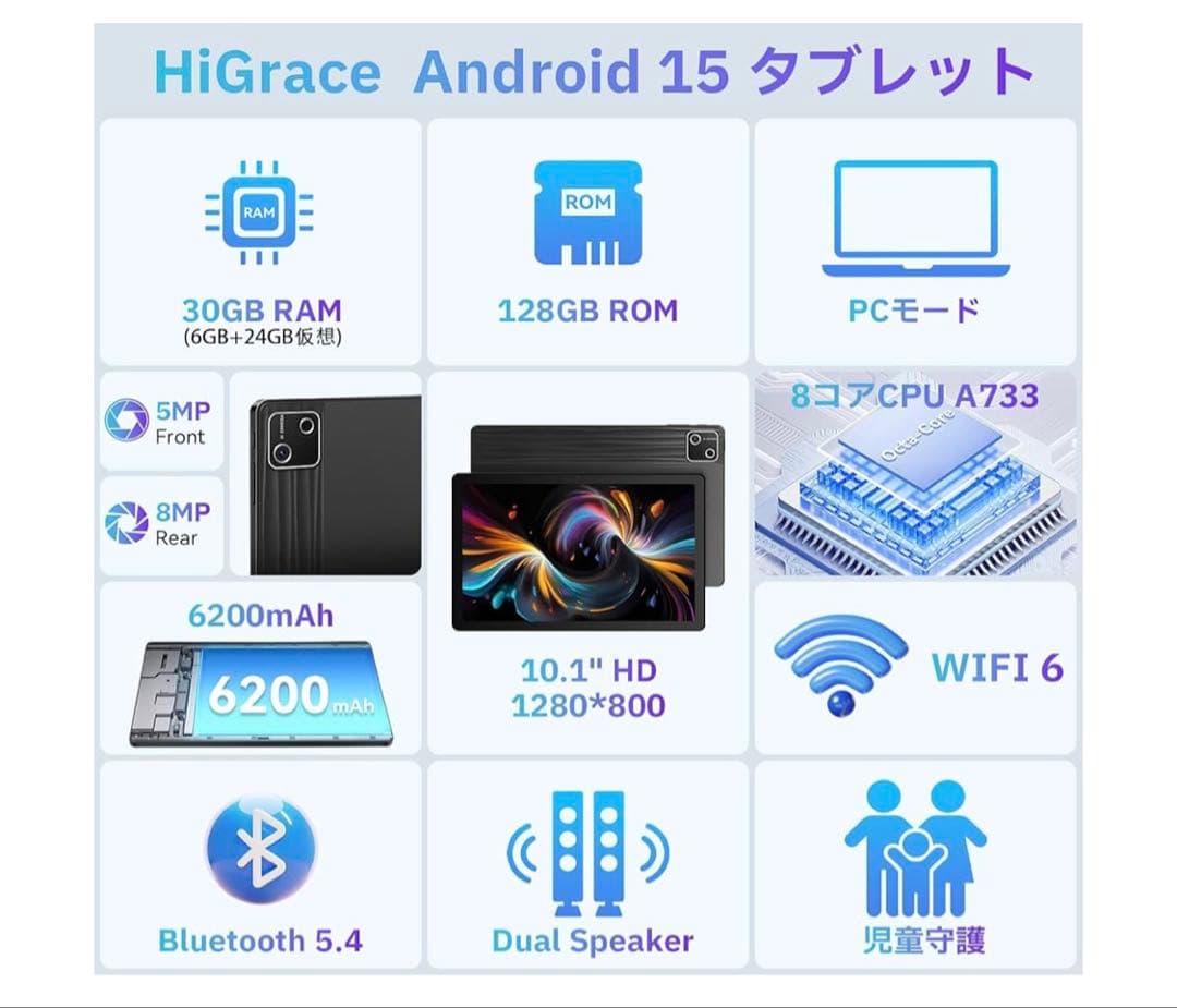 HiGrace Android 15 タブレット 10.1インチ