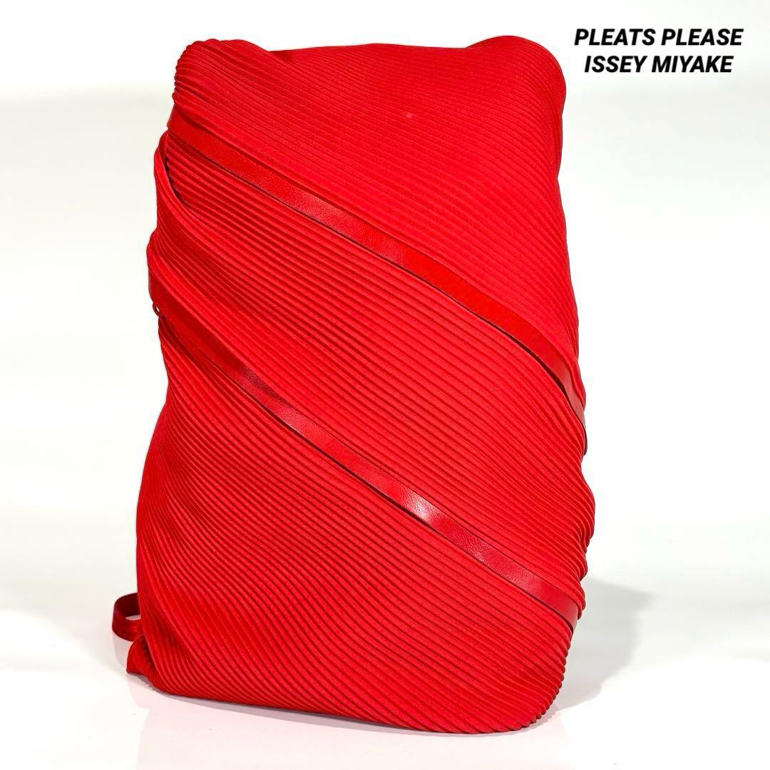 極美品 プリーツプリーズ イッセイミヤケ バイアスジップ リュック レッド