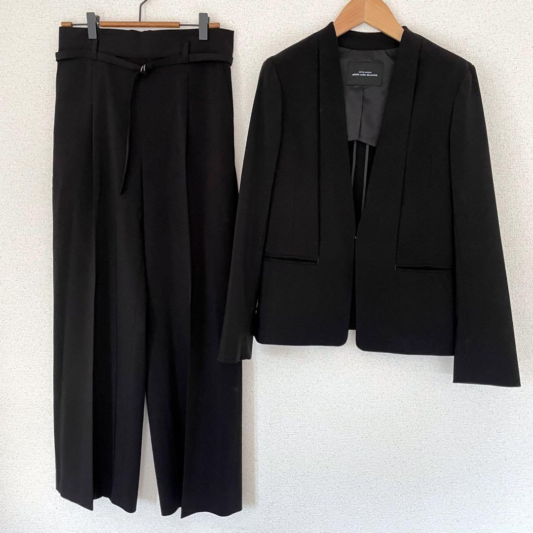 グリーンレーベルリラクシング手洗い可能ショールラペル パンツスーツブラック