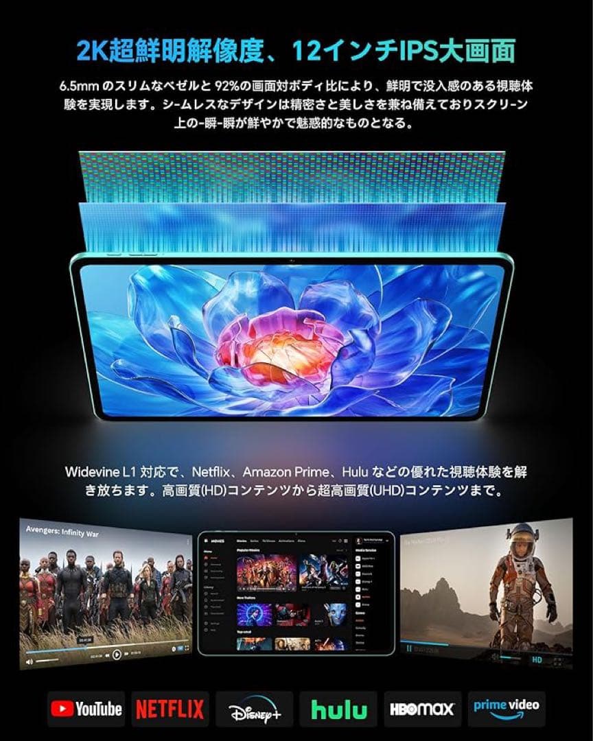 タブレット 12インチ Android 15 2K 8000mAh大容量 5G