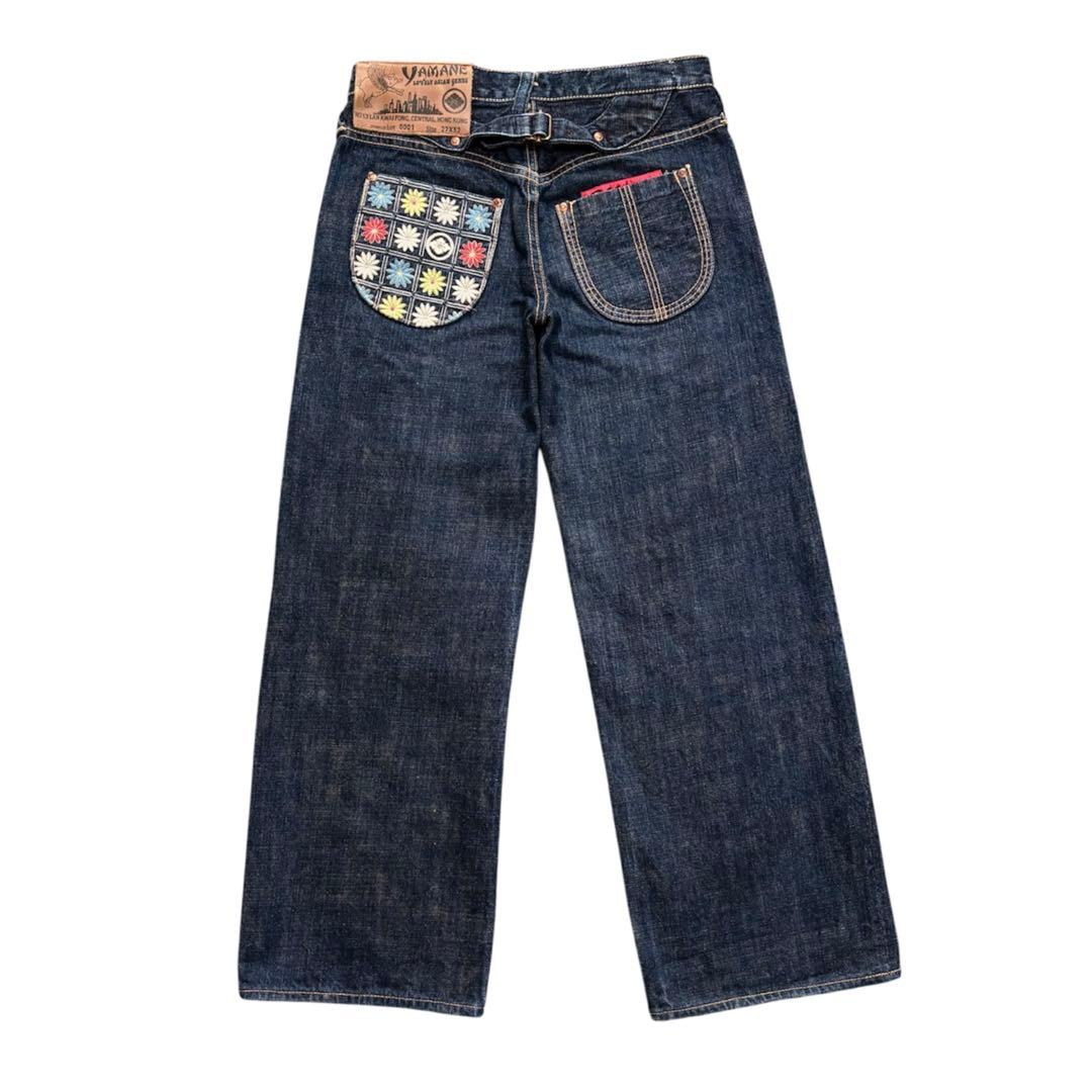 YAMANE バックポケット和柄刺繍 シンチバック ワイドフレアジーンズ Y2K