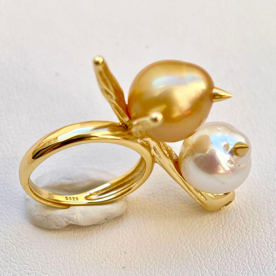 本真珠南洋白蝶真珠　茶金とホワイト無調「鳥と枝」s925リングY1059