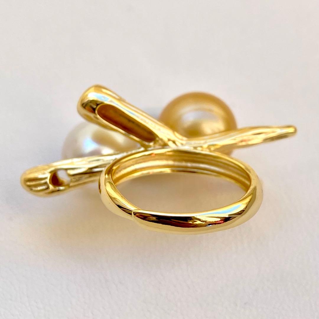 本真珠南洋白蝶真珠　茶金とホワイト無調「鳥と枝」s925リングY1059