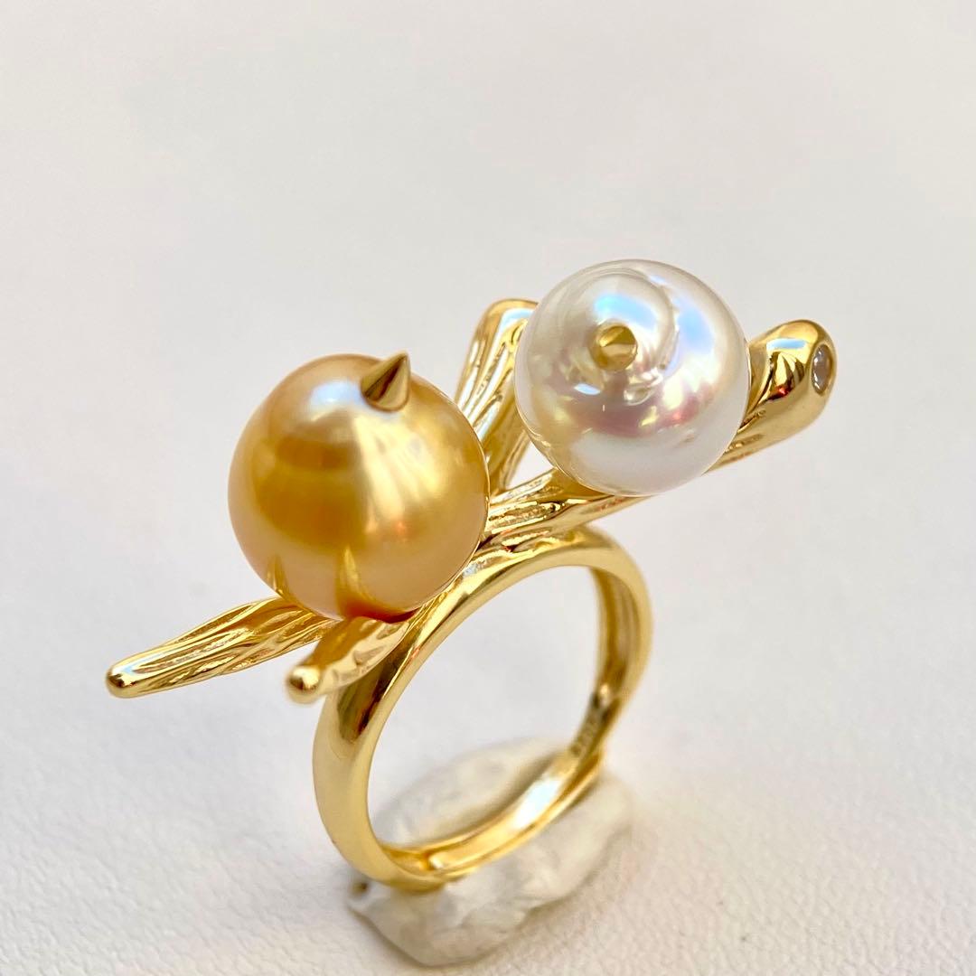 本真珠南洋白蝶真珠　茶金とホワイト無調「鳥と枝」s925リングY1059