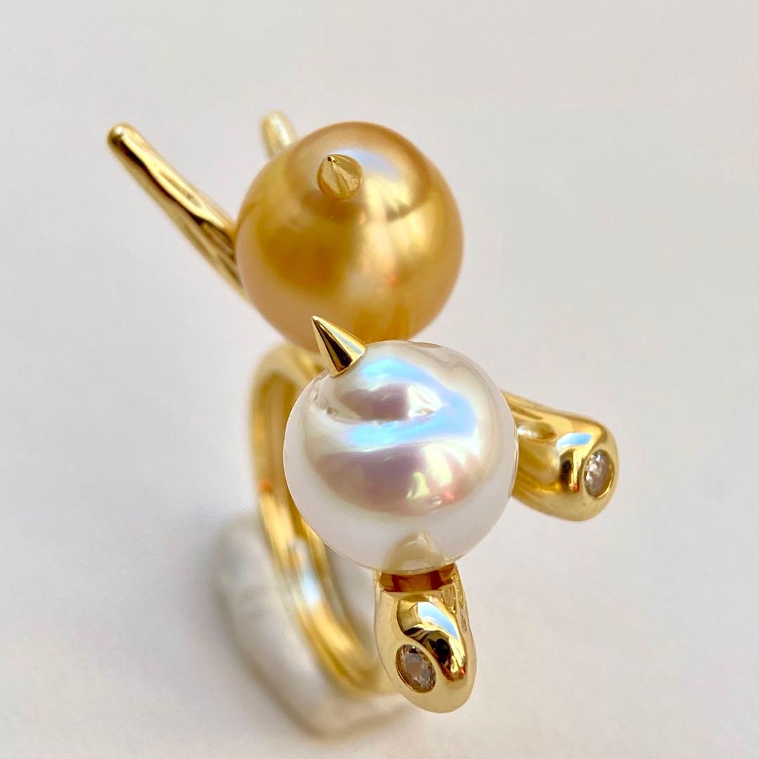 本真珠南洋白蝶真珠　茶金とホワイト無調「鳥と枝」s925リングY1059