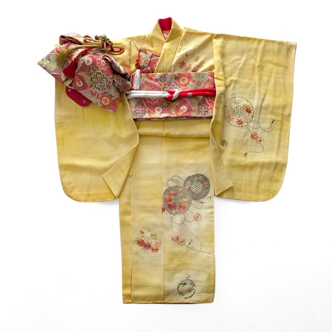 7歳　正絹黄刺繍　七五三　お着物・作り帯・筥迫セット
