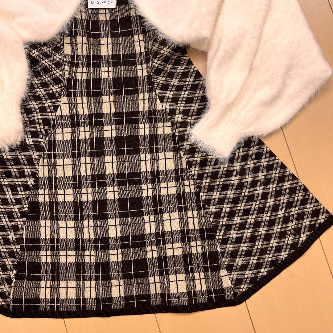 20新品リップサービス定価13090円フェザーチェックアンサンブルワンピース茶M