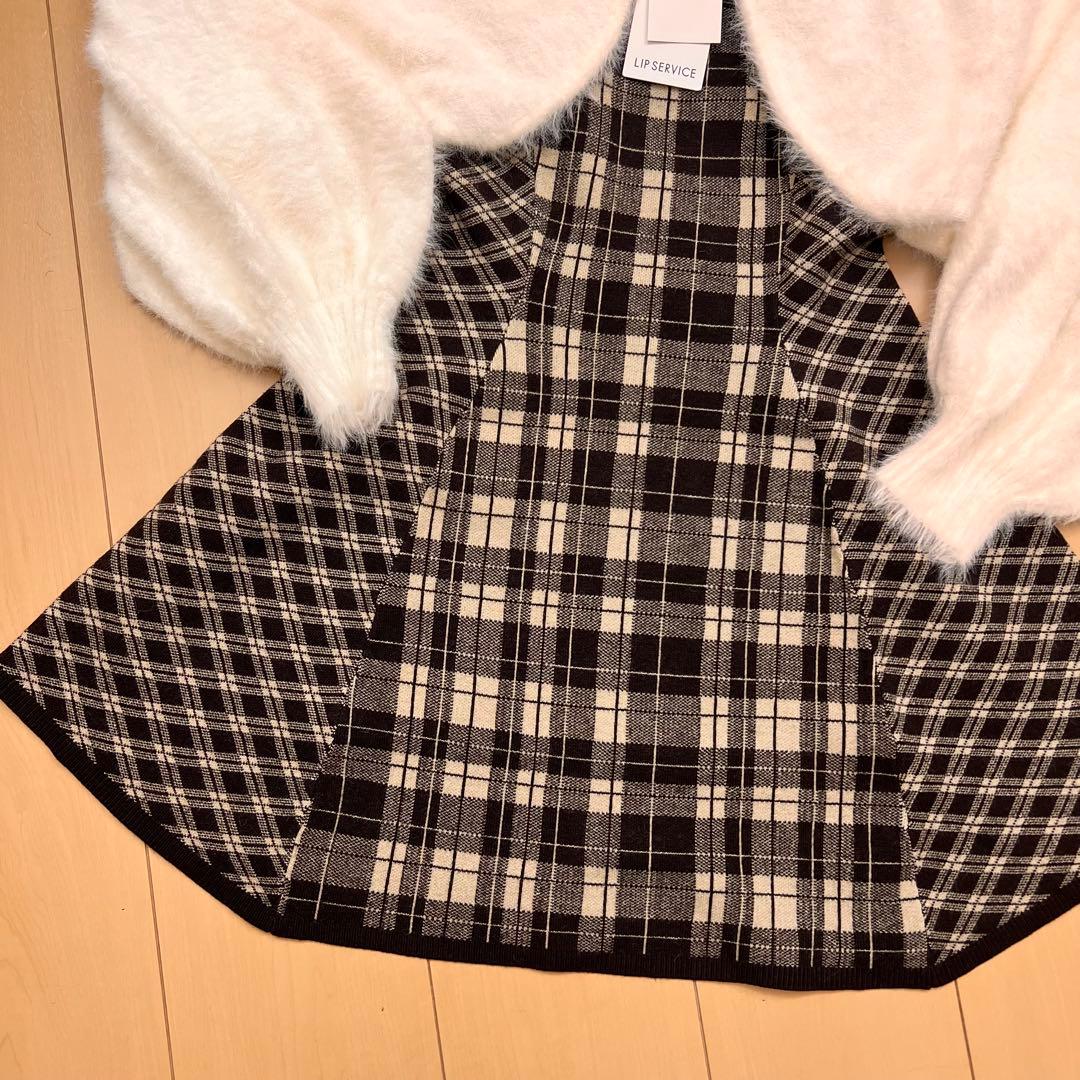 20新品リップサービス定価13090円フェザーチェックアンサンブルワンピース茶M