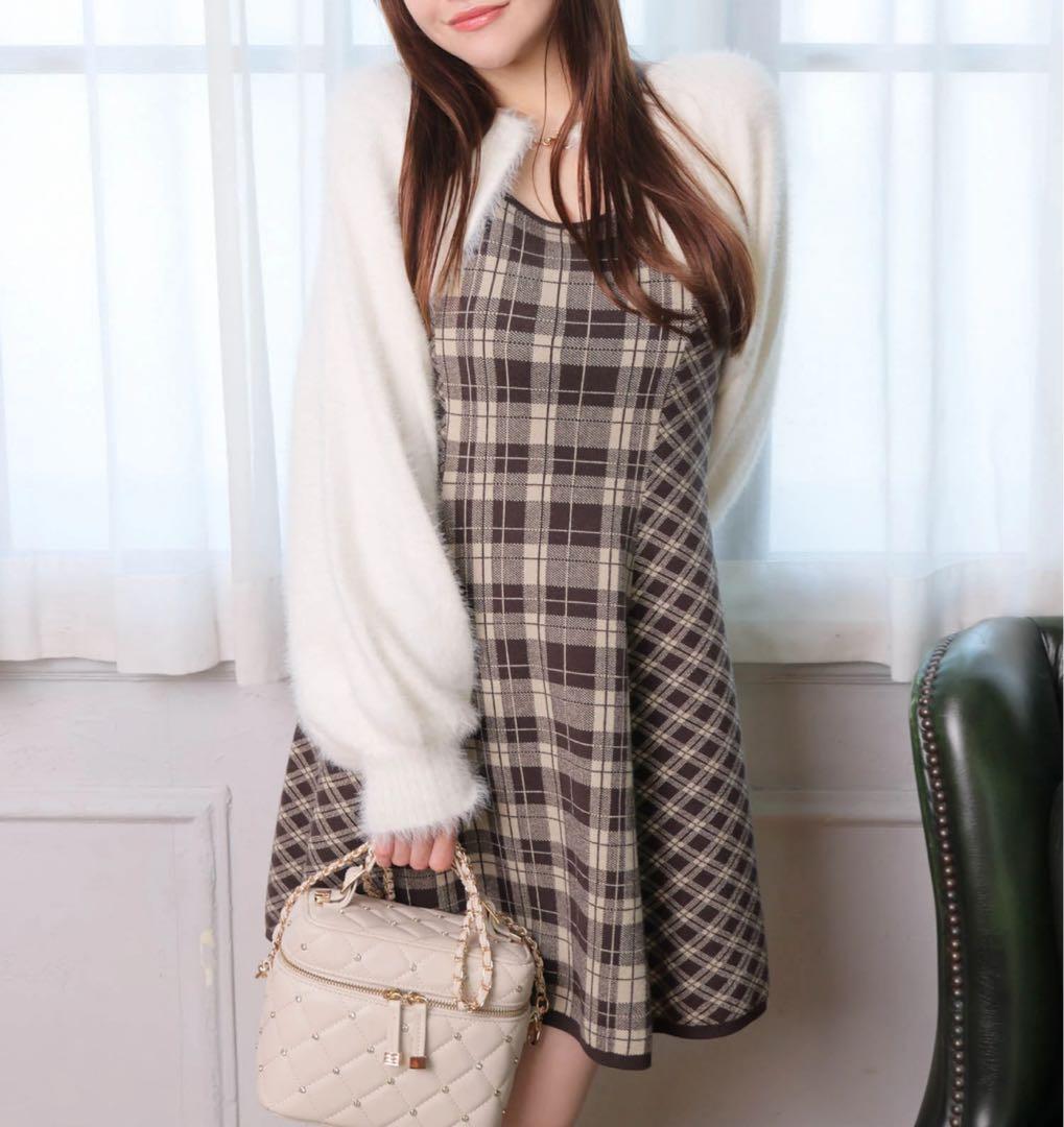 20新品リップサービス定価13090円フェザーチェックアンサンブルワンピース茶M