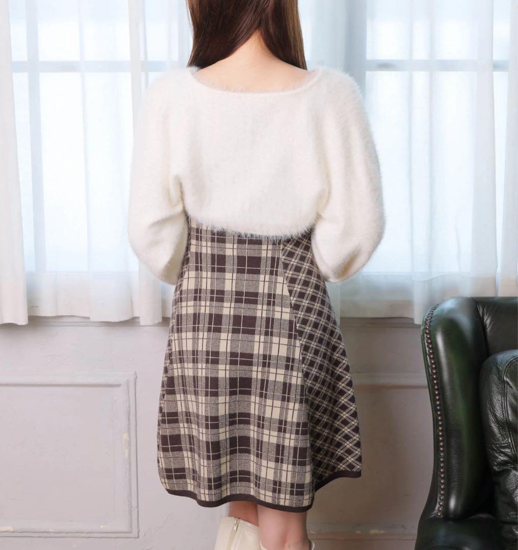 20新品リップサービス定価13090円フェザーチェックアンサンブルワンピース茶M