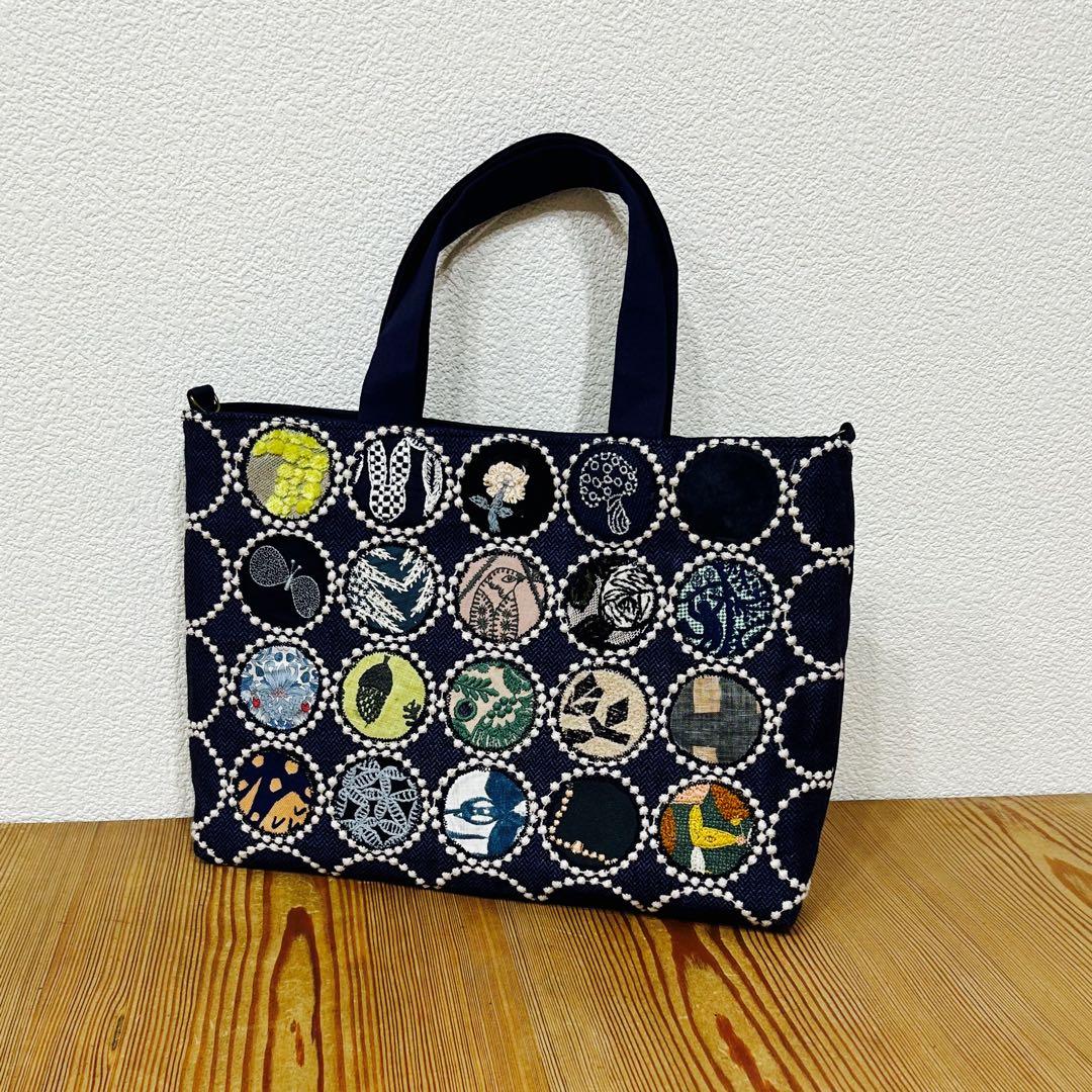 ハンドメイド　トートバッグ　ミナペルホネン　タンバリンネイビー+アップリケ