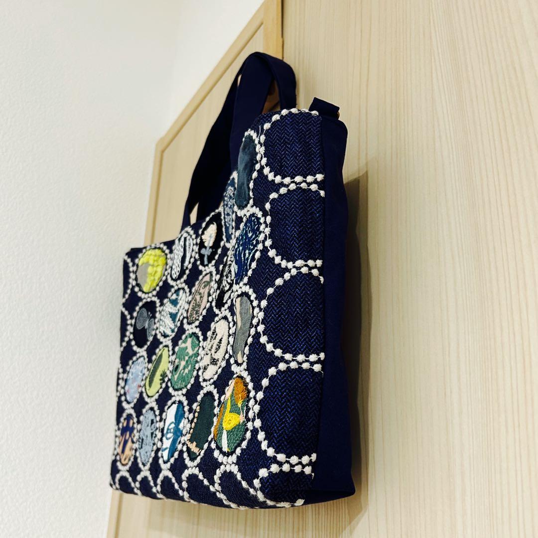 ハンドメイド　トートバッグ　ミナペルホネン　タンバリンネイビー+アップリケ