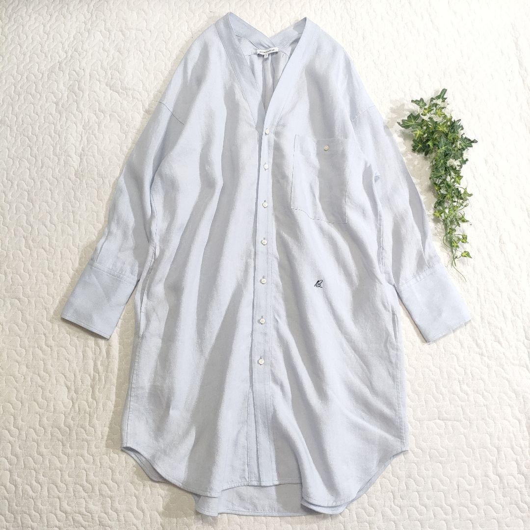 美品✨マディソンブルー　リネン100％オープンネックロングシャツ　ライトブルー