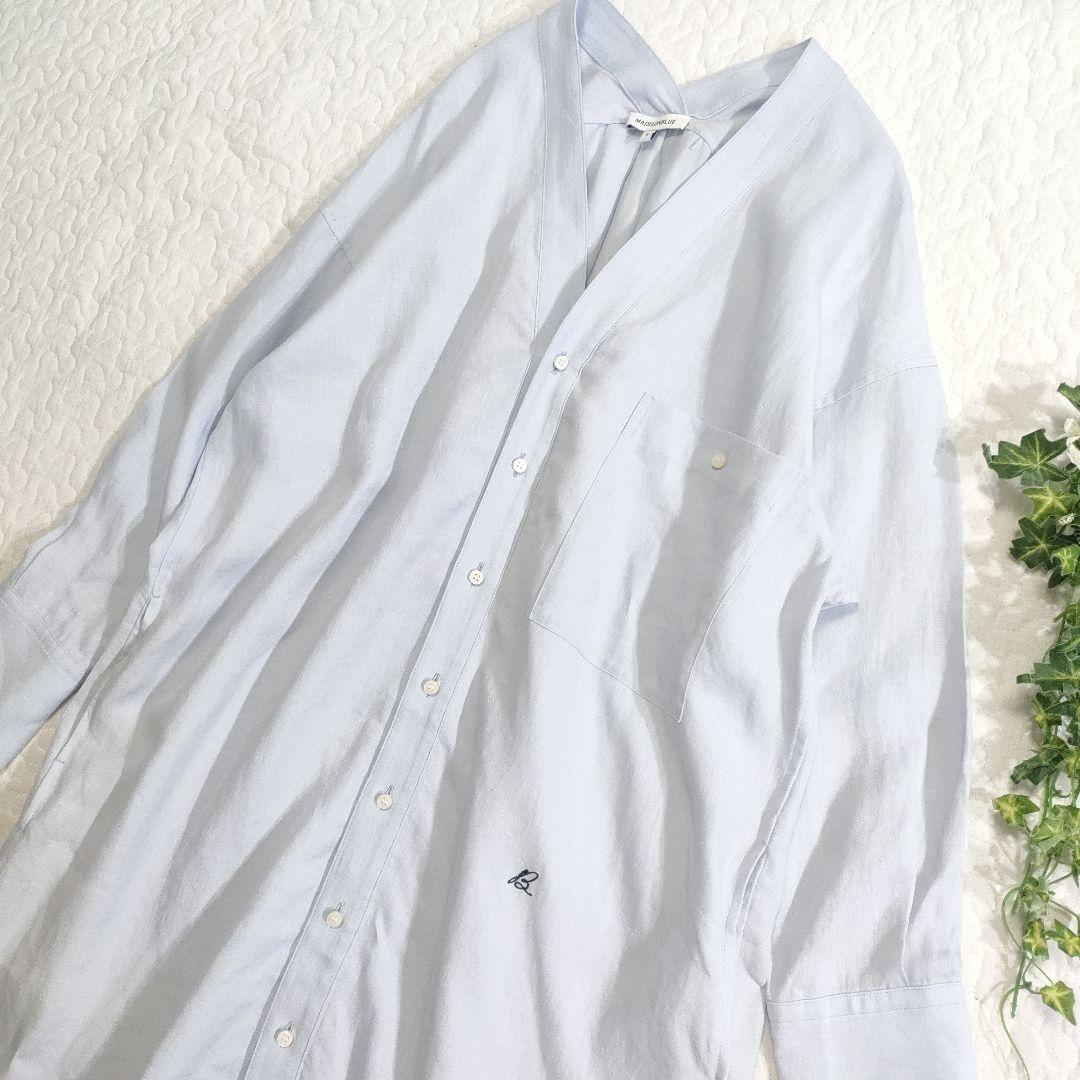 美品✨マディソンブルー　リネン100％オープンネックロングシャツ　ライトブルー