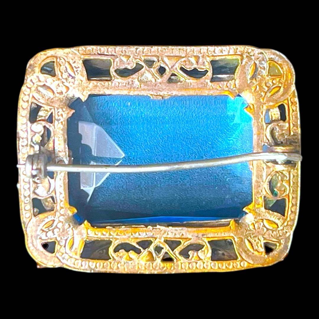 アール・デコアクセサリー☆ブルーウランガラス☆ボタニカルレクタングルブローチ