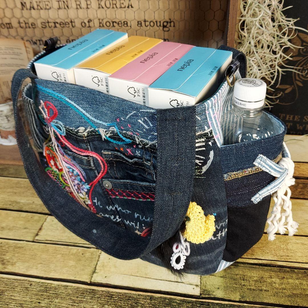【ぽこぽん】刺繍デニムバックNo.633　刺繍ポーチNo.183