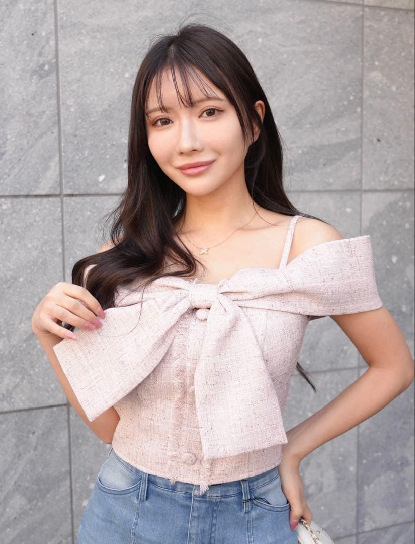 LIP SERVICE ツイードリボンオフショルトップス ピンク