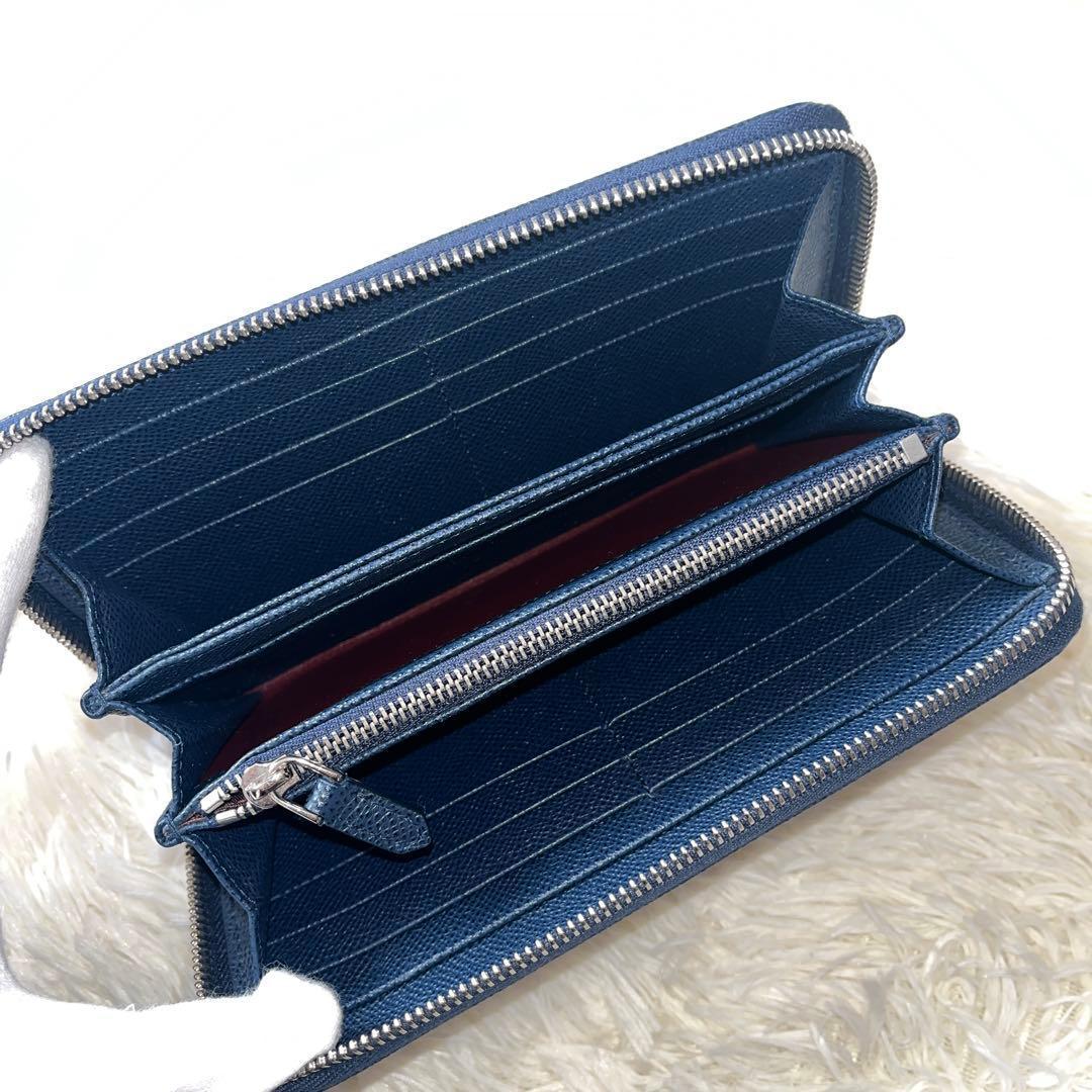 美品　BVLGARI長財布　ネイビー　ラウンドジップ　サークルロゴ　ブルガリマン