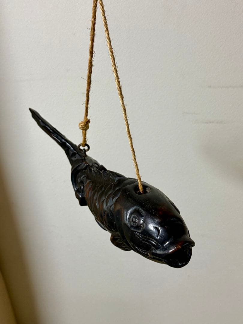 【民藝】囲炉裏・自在鉤◇木彫りの鯉・荒縄付@Folk Art