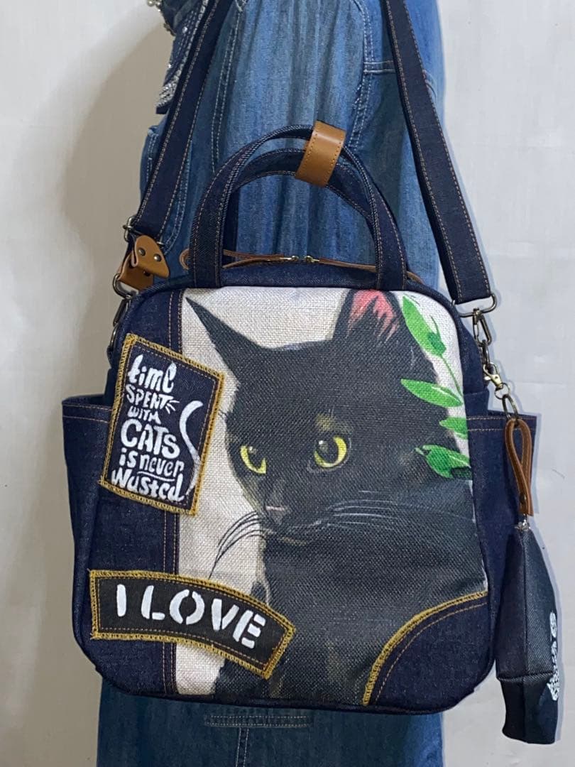 ☆岡山デニム☆黒猫☆リュック対応☆4wayボストンバッグ