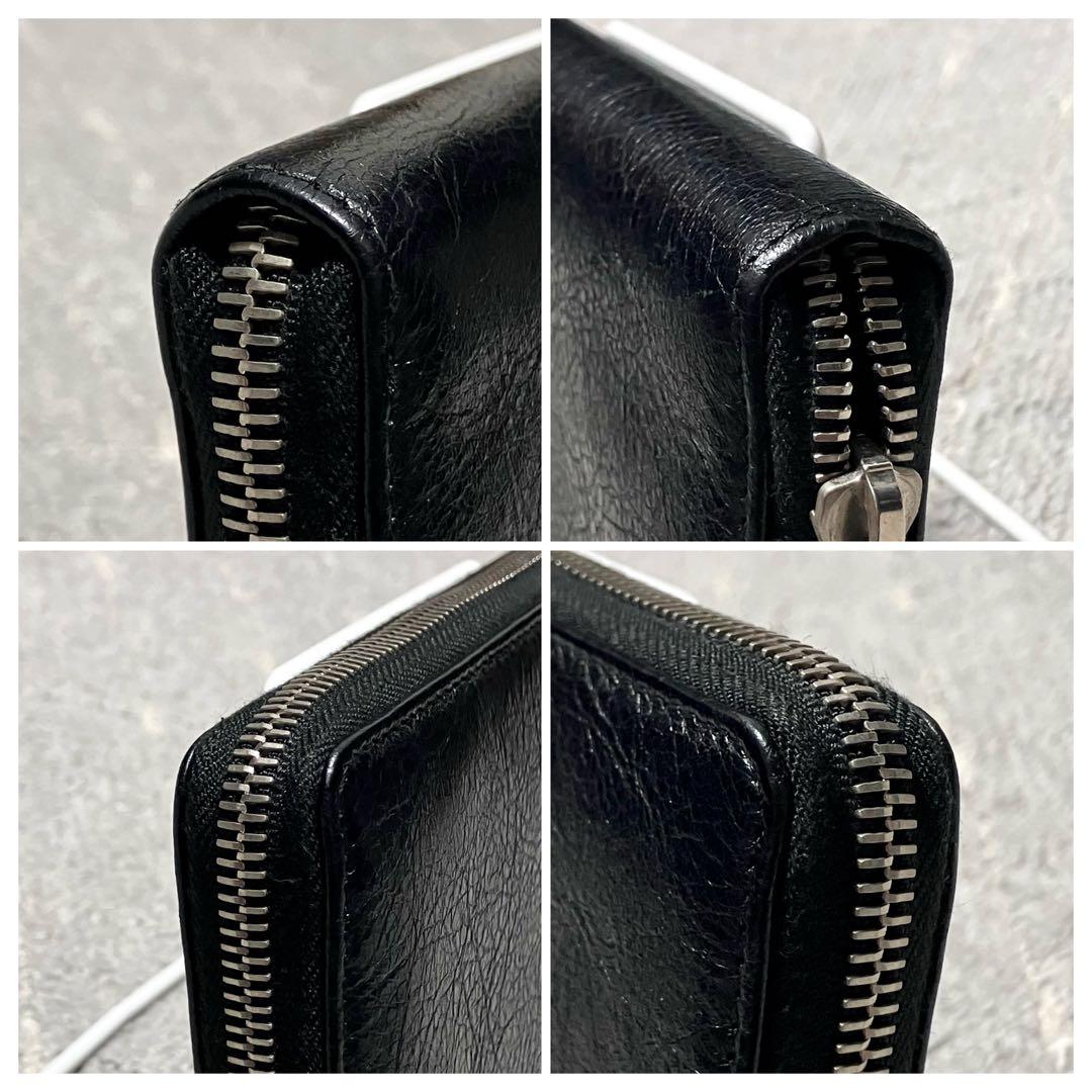 バレンシアガ［シワ加工］ラウンドジップ　長財布　ブラック　レザー　シルバー