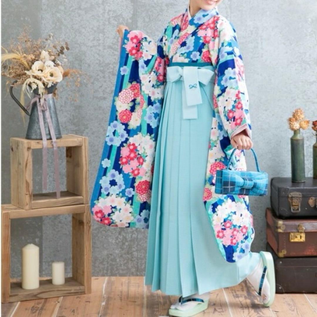 卒業式用　袴　着物セット pom ponette ブルー　はな柄　ストライプ