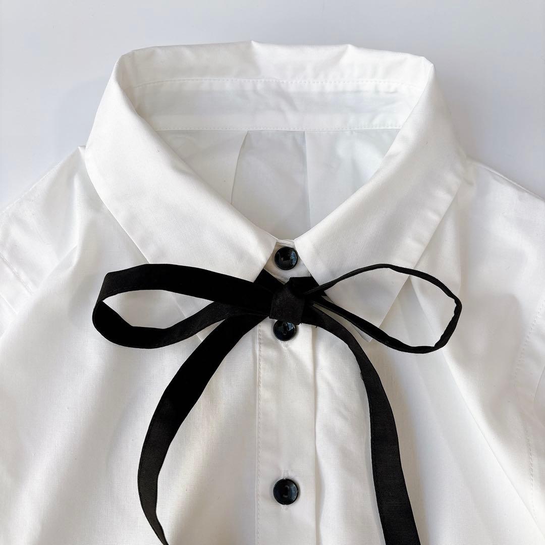 美品⁑CADUNE カデュネ　ボウ付きシャツチュニック　ホワイトブラック　洗える