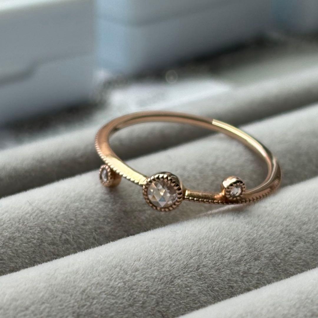 ローズカットダイヤモンドk18pgリングミル打ちデザイン　アンティーク調