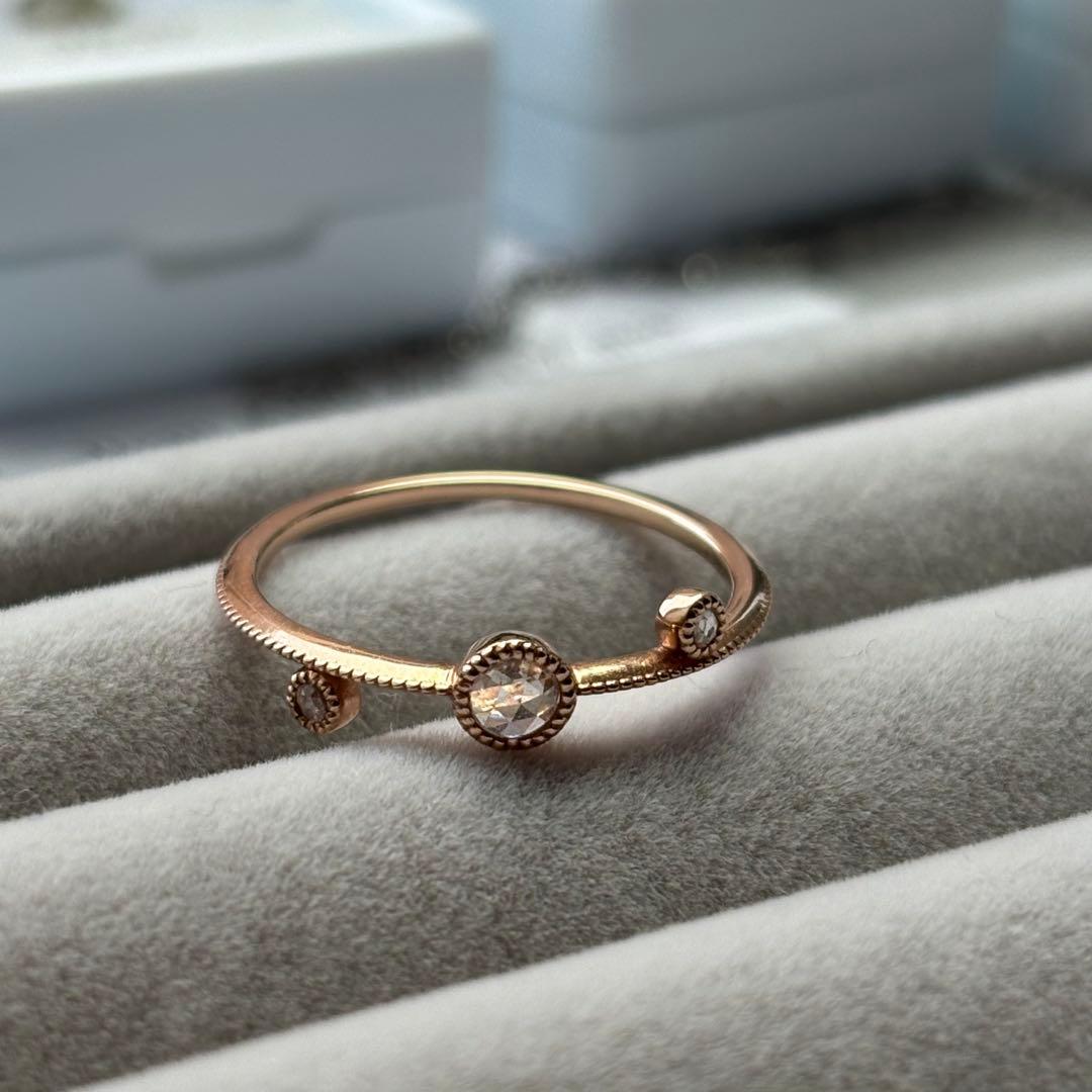 ローズカットダイヤモンドk18pgリングミル打ちデザイン　アンティーク調