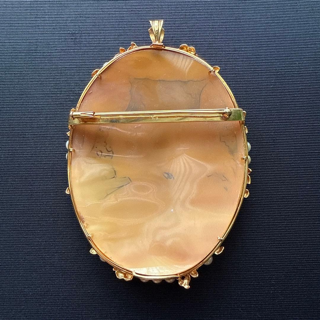 K18ゴールド 大型シェルカメオ兼用ブローチペンダント（鑑別書付き）