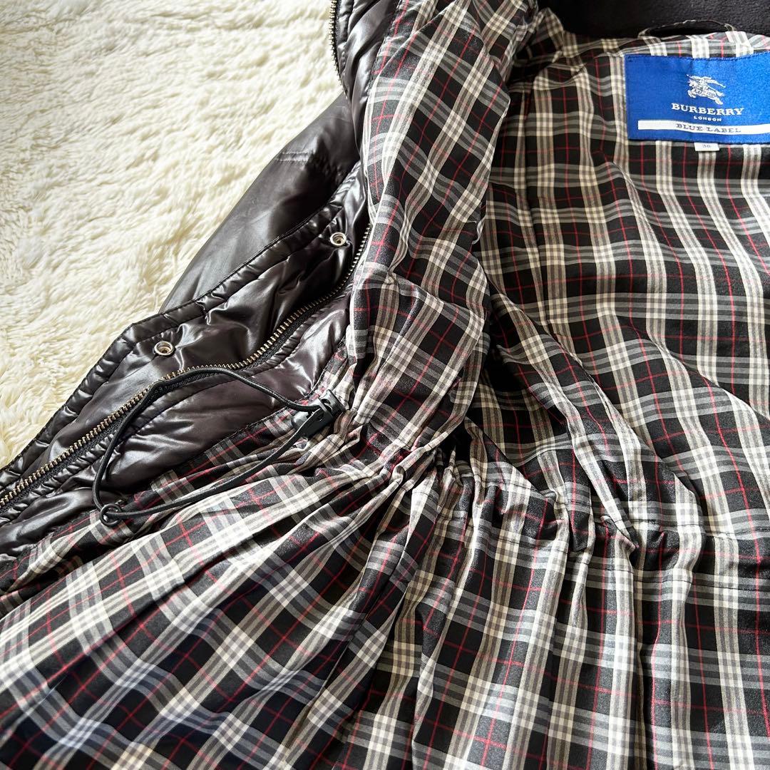 バーバリーブルーレーベル ダウンコート 裏地チェック ブラック ダウン80% M