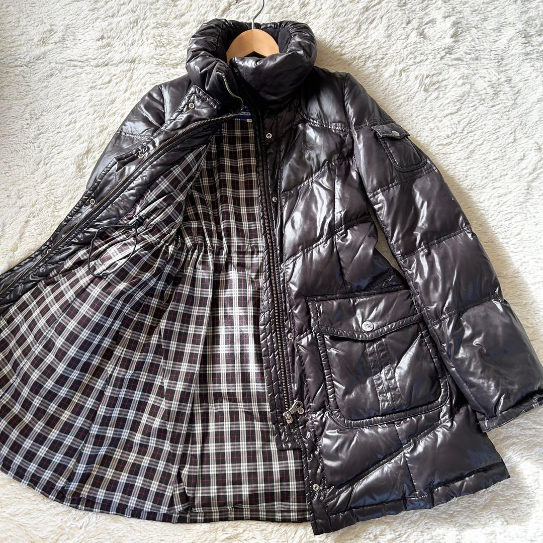 バーバリーブルーレーベル ダウンコート 裏地チェック ブラック ダウン80% M