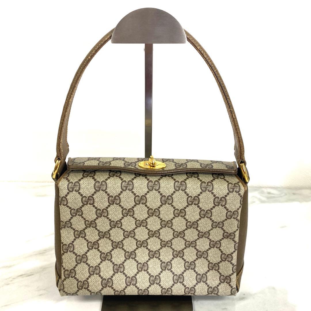 #オールド グッチ GGスプリーム PVC レザー ハンドバッグベージュブラウン