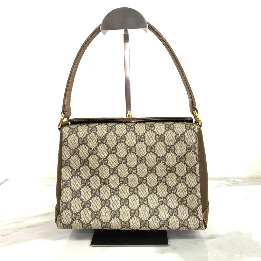 #オールド グッチ GGスプリーム PVC レザー ハンドバッグベージュブラウン
