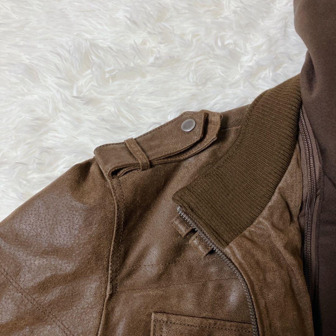 【希少】FLAVOR☆フード付 レザー ボマージャケット ライダース 茶色 XL