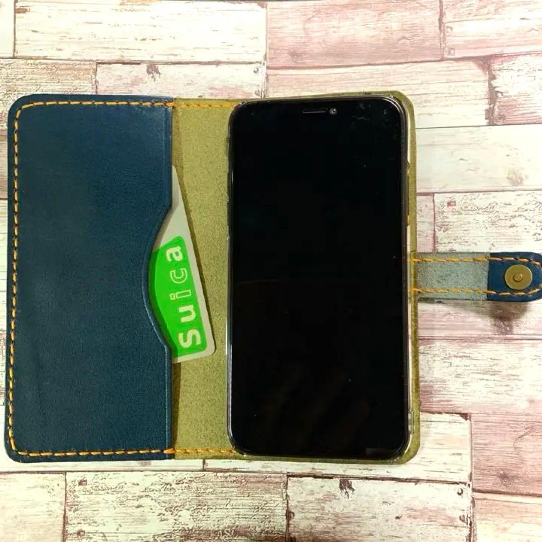 サイドポケット付き　iPhoneケース栃木レザー　グリーン　ネイビー手帳型　本革