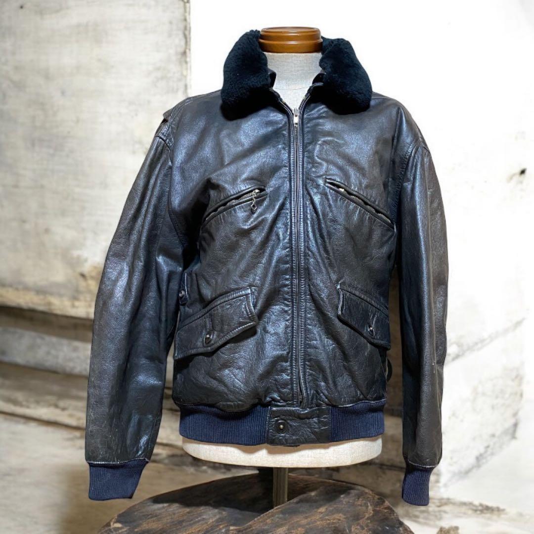 イタリア製 Boston レザー フライトジャケット 黒 襟ムートン 裏チェック
